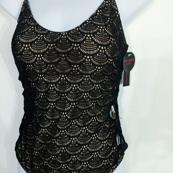 NO Boundaries One-piece Swimsuit Knit Shell Pattern Black Medium Lined NEW - Picture 2 of 5